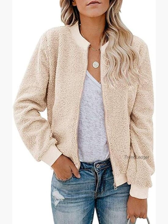 Jackets & Blazers - Fleece Bomber Jacket Faux Sherpa Casual Long Sleeve Zip Up Loose Fit Winter Coat